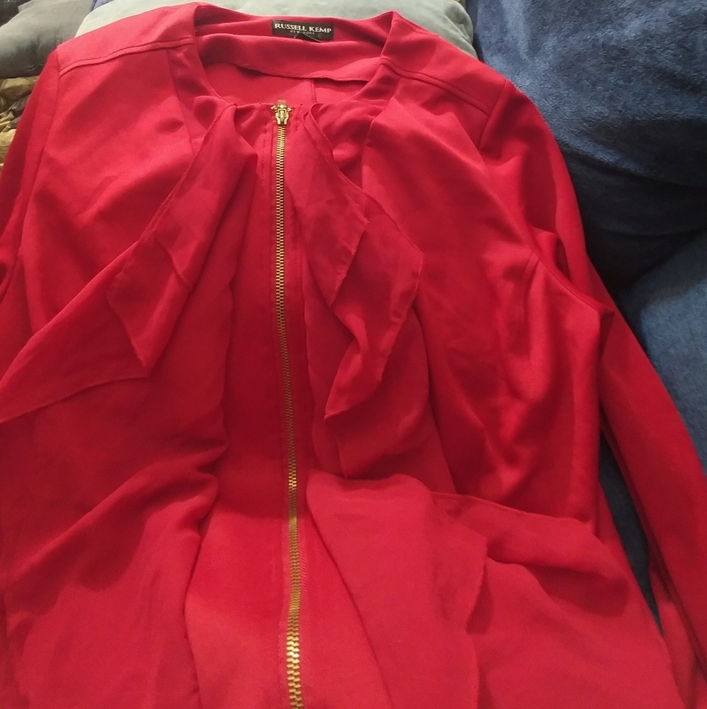 Plus Size Red long sleeve blouse with gold zipper